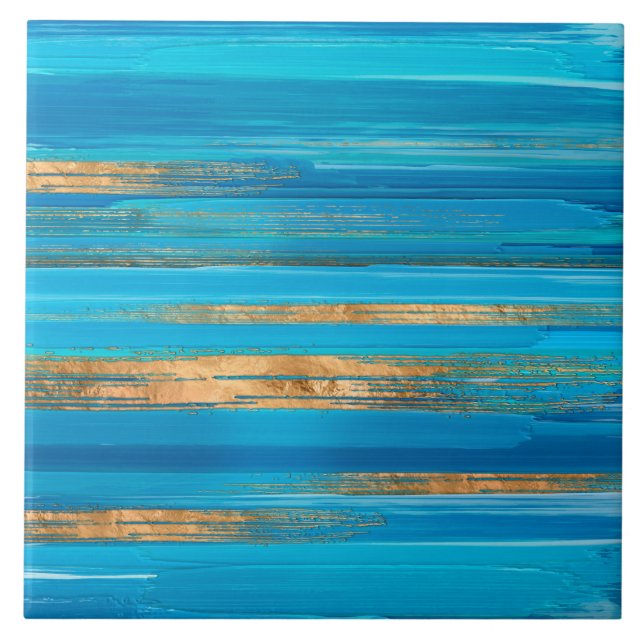 Blue and Gold lines Abstract N2 Ceramic Tile (Front)