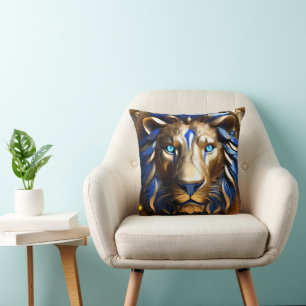 Blue And Gold Lion Head, Throw Pillow