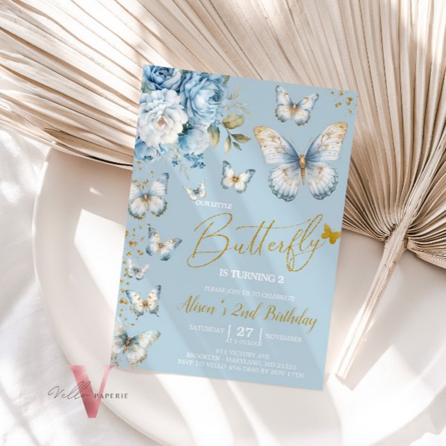Blue and Gold Little Butterfly Birthday Invitation (Creator Uploaded)