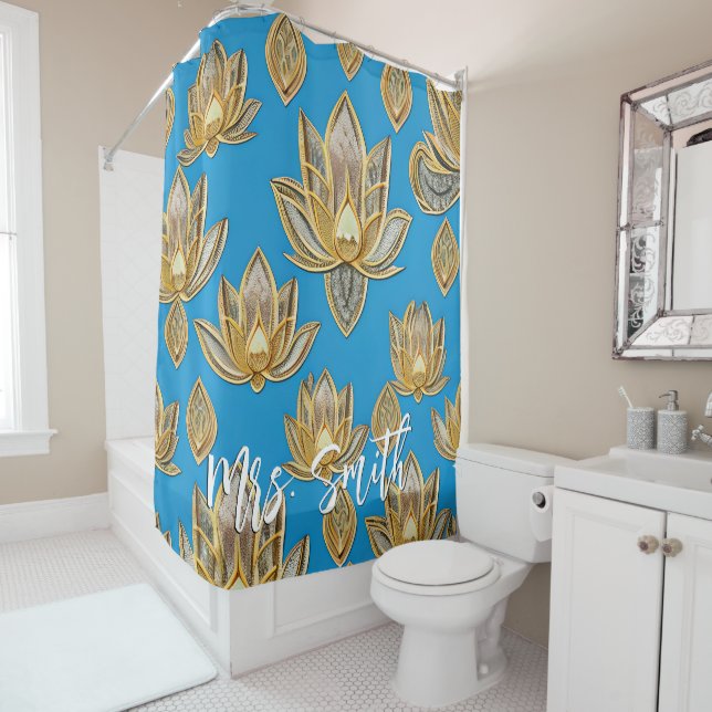 Blue and Gold Lotus Pattern with Custom Name Shower Curtain (In Situ)