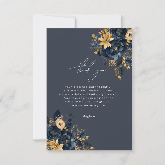 Blue and Gold Luxe Floral Thank You Card (Front)