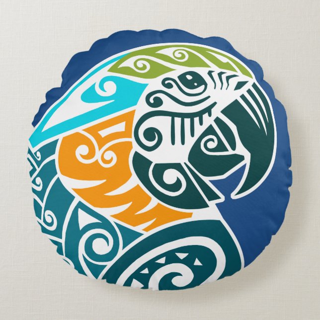 Blue and gold macaw tribal tattoo round pillow (Front)