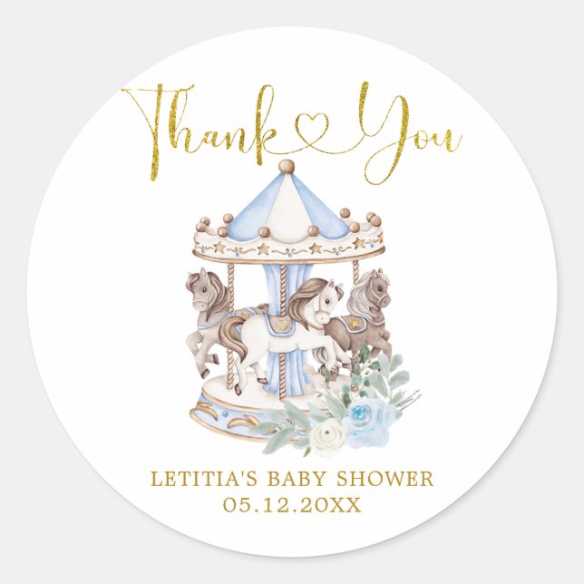 Blue and Gold Magical Carousel Thank You Sticker (Front)