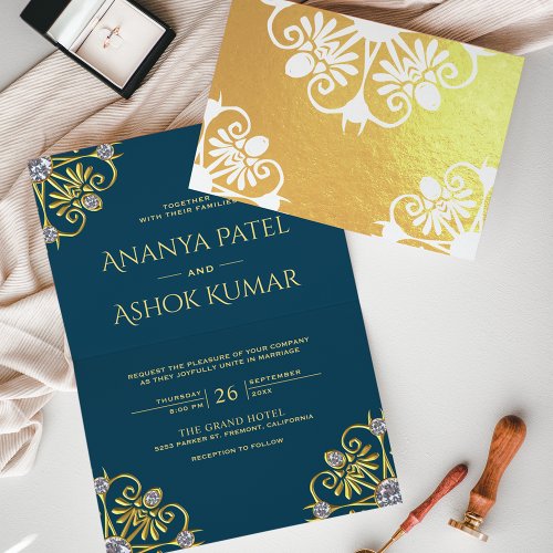 Blue and Gold Mandala Indian Wedding Invitation