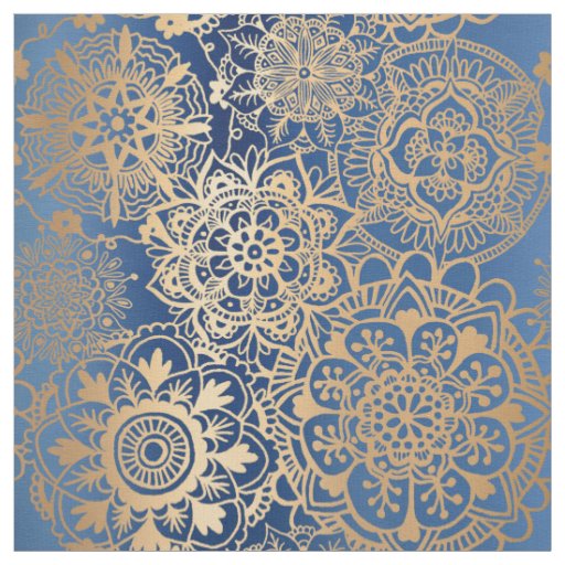 Blue and Gold Mandala Pattern Fabric