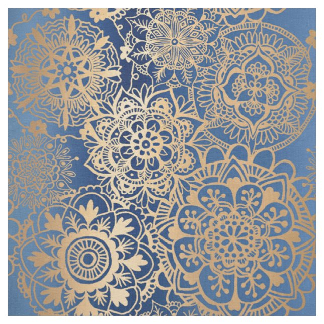 Blue and Gold Mandala Pattern Fabric (Swatch)