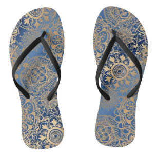 Blue and Gold Mandala Pattern Flip Flops