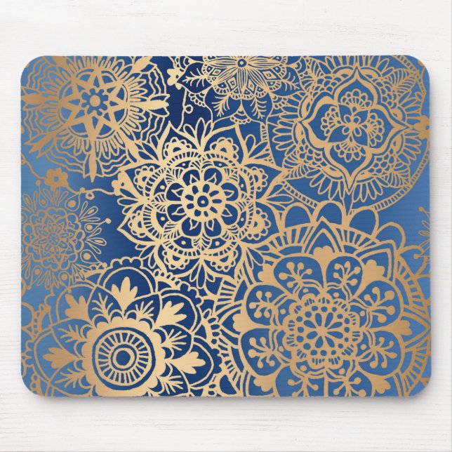 Blue and Gold Mandala Pattern Mousepad (Front)