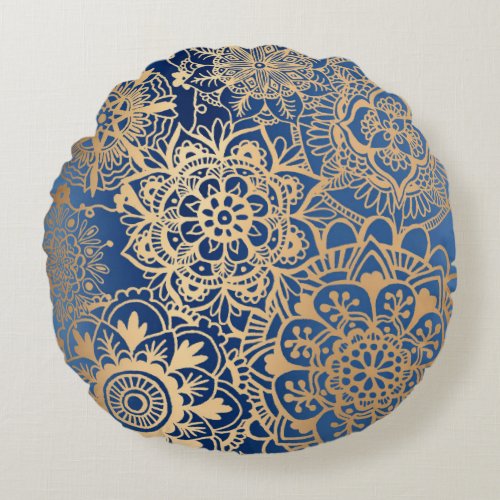 Blue and Gold Mandala Pattern Round Pillow