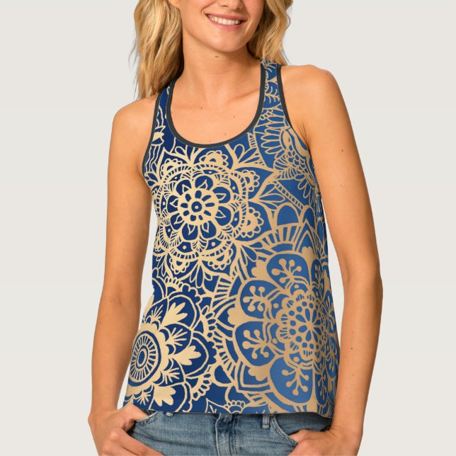 Blue and Gold Mandala Pattern Tank Top (Front)