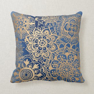 Blue and Gold Mandala Pattern Throw Pillow