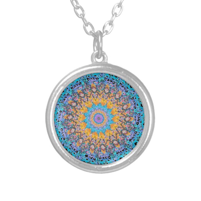 Blue and Gold Mandala Silver Plated Necklace (Front)