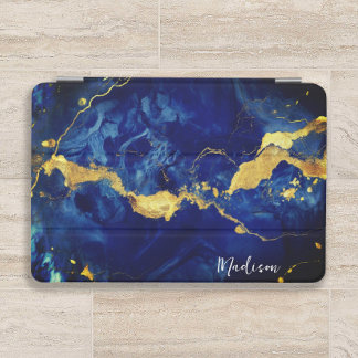 Blue and Gold Marble Abstract Personalized iPad Mini Cover