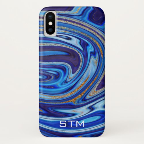Blue and Gold Marble Agate Monogram iPhone X Case