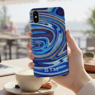 Blue and Gold Marble Agate Monogram iPhone X Case