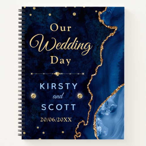 Blue and Gold Marble Agate Wedding Photos  Notebook