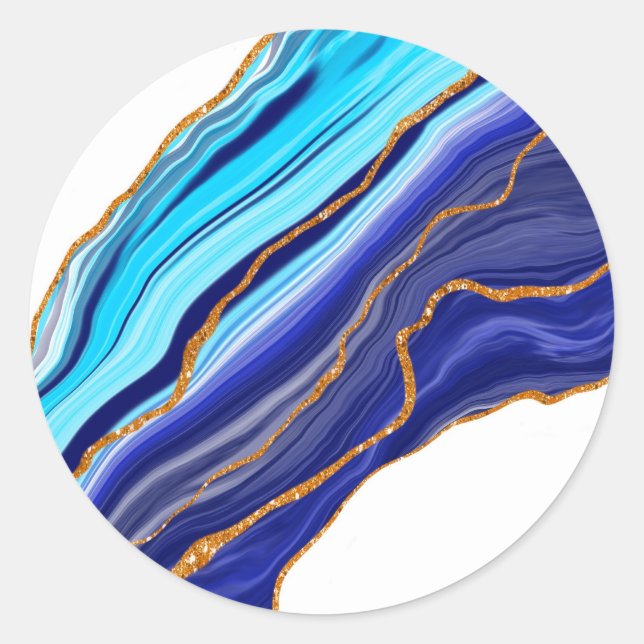 Blue and Gold Marble Art Classic Round Sticker (Front)