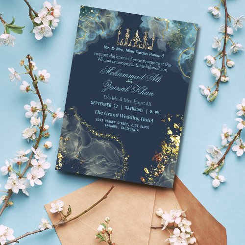Blue and gold Marble ink Valima Invitation
