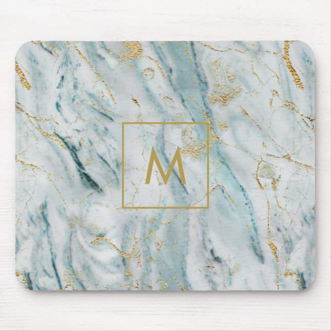 Blue and Gold Marble Monogram Mouse Pad (Front)