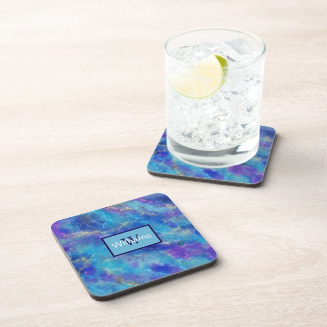 Blue And Gold Marble Pattern  Beverage Coaster (Right Side)