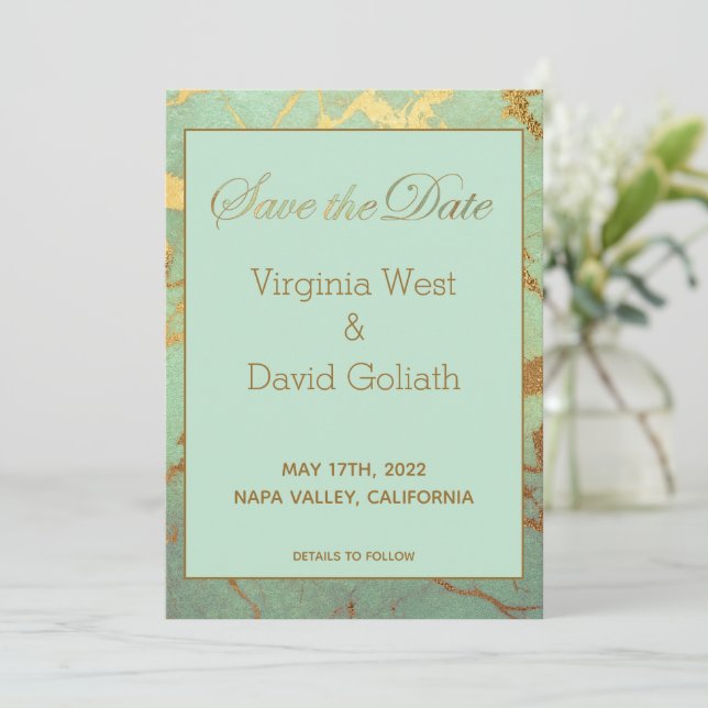 Blue and Gold Marble Save The Date Wedding Card (Standing Front)