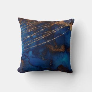 Blue and gold marble stone gold elegant throw pillow
