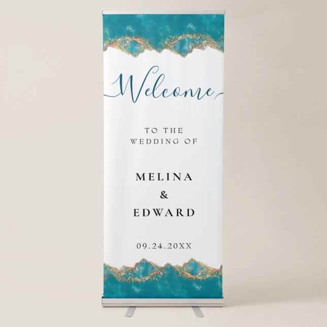 Blue And Gold Marble Wedding Welcome Retractable Banner (Front)