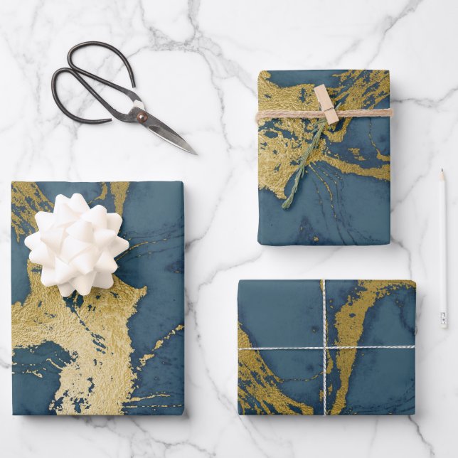 Blue and Gold Marble  Wrapping Paper Sheets (Front)