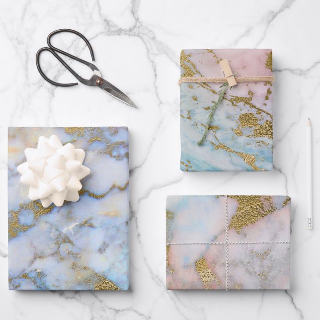Blue and Gold Marble Wrapping Paper Sheets (Front)