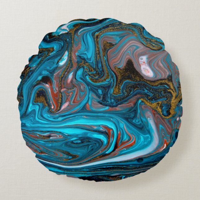Blue and gold marbling pattern. Golden marble liqu Round Pillow (Front)