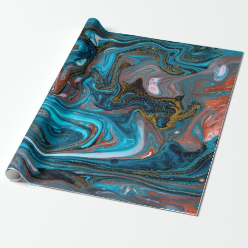 Blue and gold marbling pattern Golden marble liqu Wrapping Paper