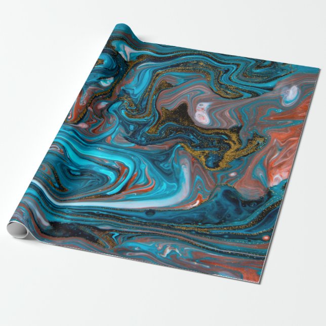 Blue and gold marbling pattern. Golden marble liqu Wrapping Paper (Unrolled)