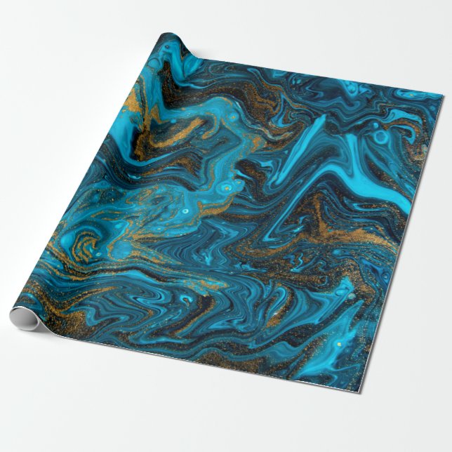 Blue and gold marbling pattern. Golden marble liqu Wrapping Paper (Unrolled)