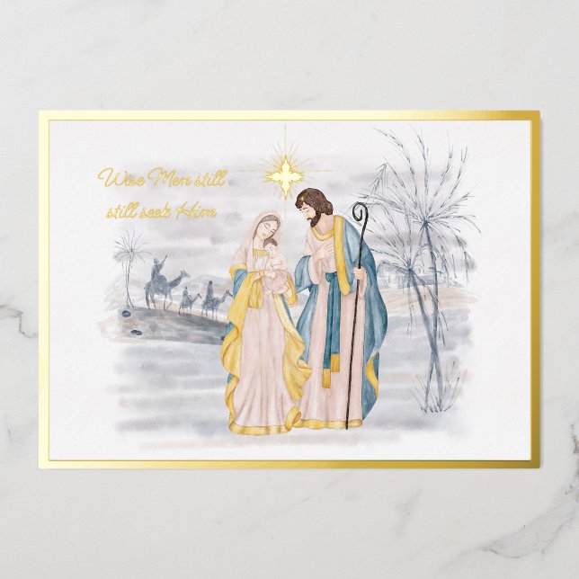 Blue and gold Mary, Joseph and Jesus Christmas Foil Holiday Card (Front)