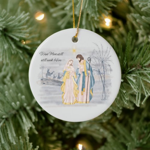 Blue and gold Mary Joseph and Jesus Holiday  Ceramic Ornament