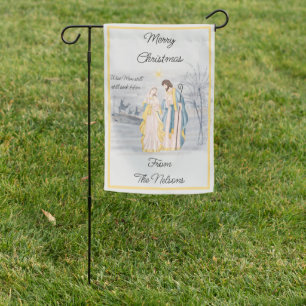 Blue and gold Mary, Joseph and Jesus Holiday  Garden Flag