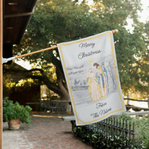 Blue and gold Mary, Joseph and Jesus Holiday House Flag
