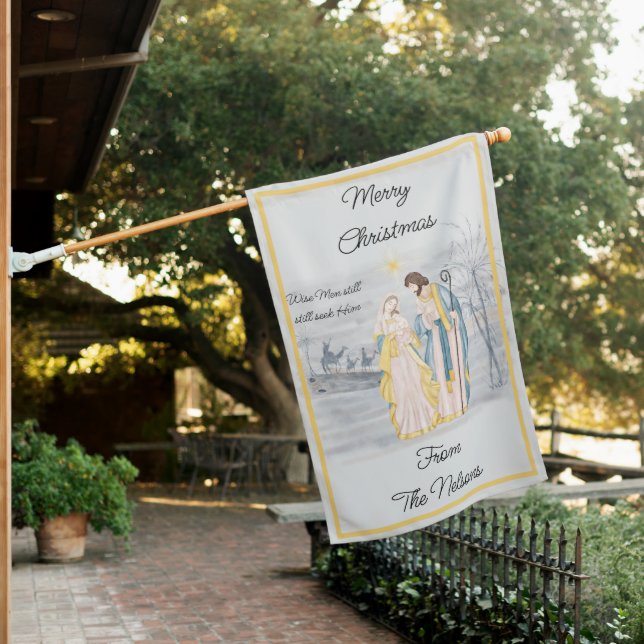 Blue and gold Mary, Joseph and Jesus Holiday House Flag (In SItu)