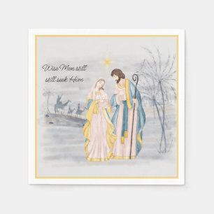 Blue and gold Mary, Joseph and Jesus Holiday  Napkins