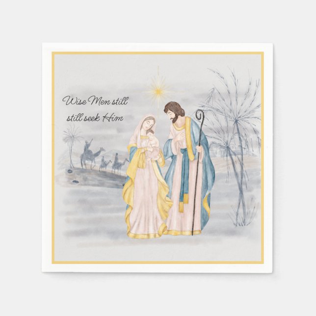 Blue and gold Mary, Joseph and Jesus Holiday  Napkins (Front)