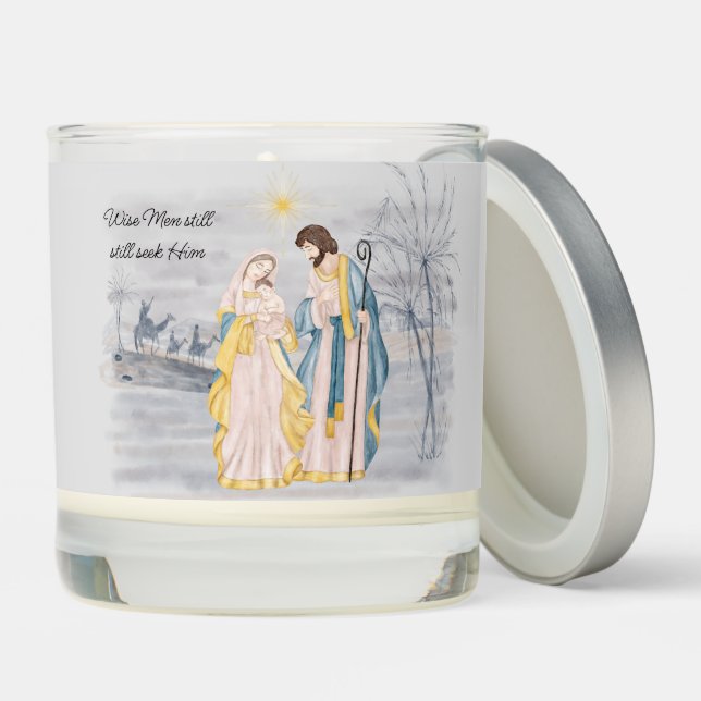 Blue and gold Mary, Joseph and Jesus Holiday  Scented Candle (Lid)