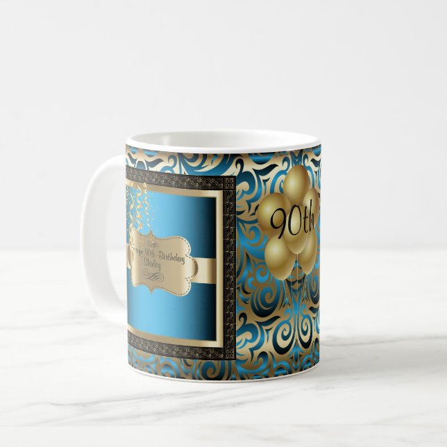 Blue and Gold Metallic Happy 00th Birthday Coffee Mug (Front Left)