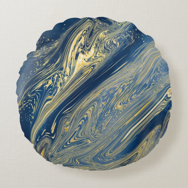 Blue and gold metallic Round Pillow (Front)