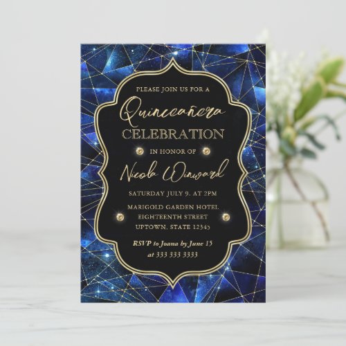 Blue and Gold Midnight Crystal Galaxy Quinceanera Invitation
