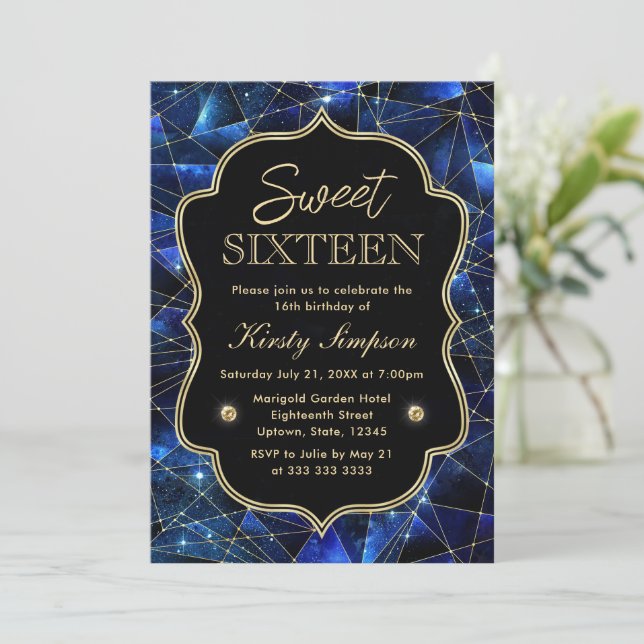 Blue and Gold Midnight Crystal Galaxy Sweet 16 Invitation (Standing Front)