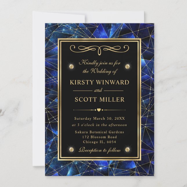 Blue and Gold Midnight Crystal Galaxy Wedding Invitation (Front)