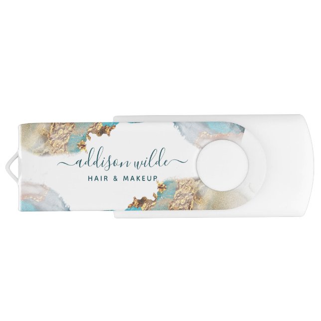 Blue And Gold Modern Art Liquid Ink Business Flash Drive (Back)