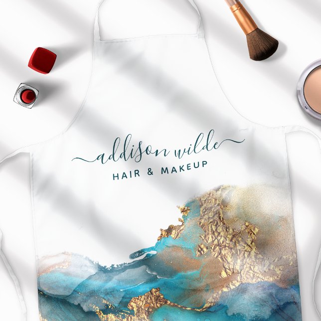 Blue And Gold Modern Art Liquid Watercolor Ink Apron (Creator Uploaded)