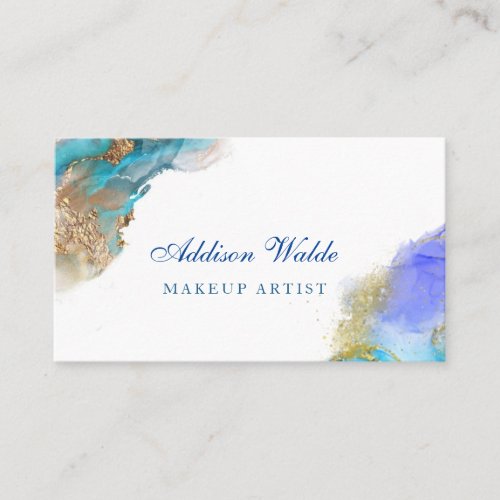 Blue And Gold Modern Art Liquid Watercolor Ink Bus Business Card