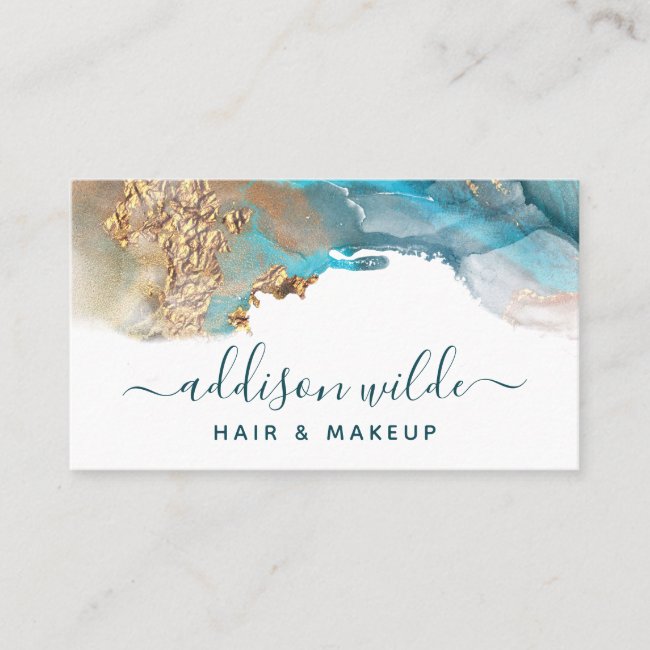 Blue And Gold Modern Art Liquid Watercolor Ink Business Card